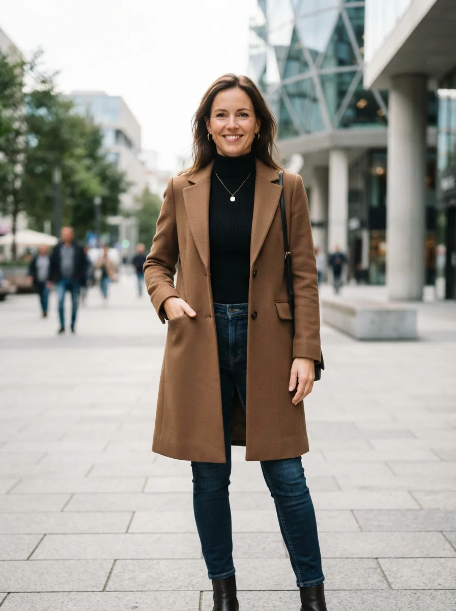 A stylish woman confidently wearing a tailored Elodie jacket over a simple outfit, standing in a modern urban setting.