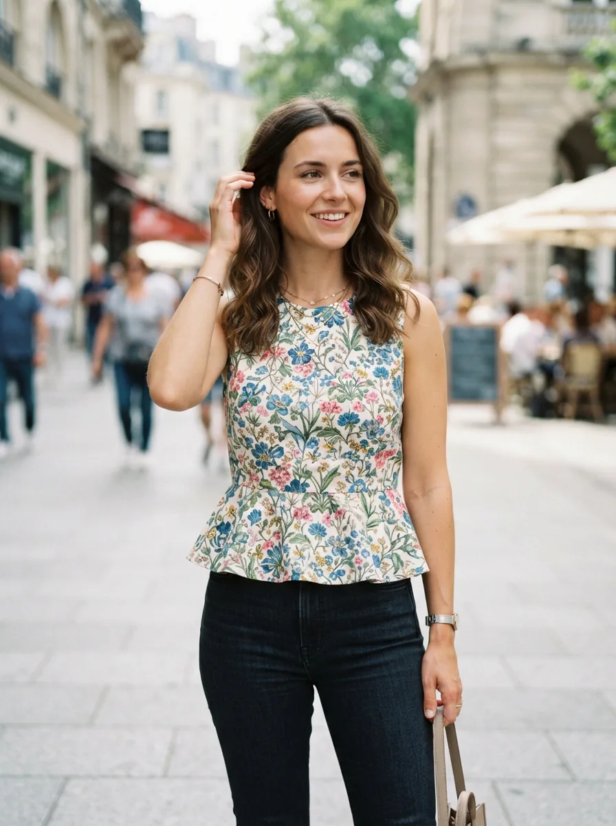 A woman confidently wearing a stylish Elodie top