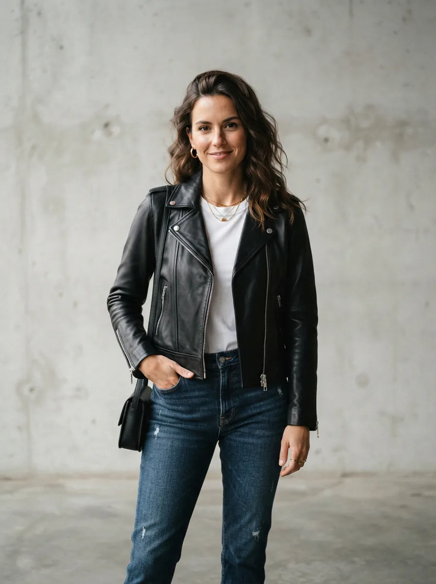 A confident woman wearing a tailored black leather jacket, standing against a clean, urban backdrop.