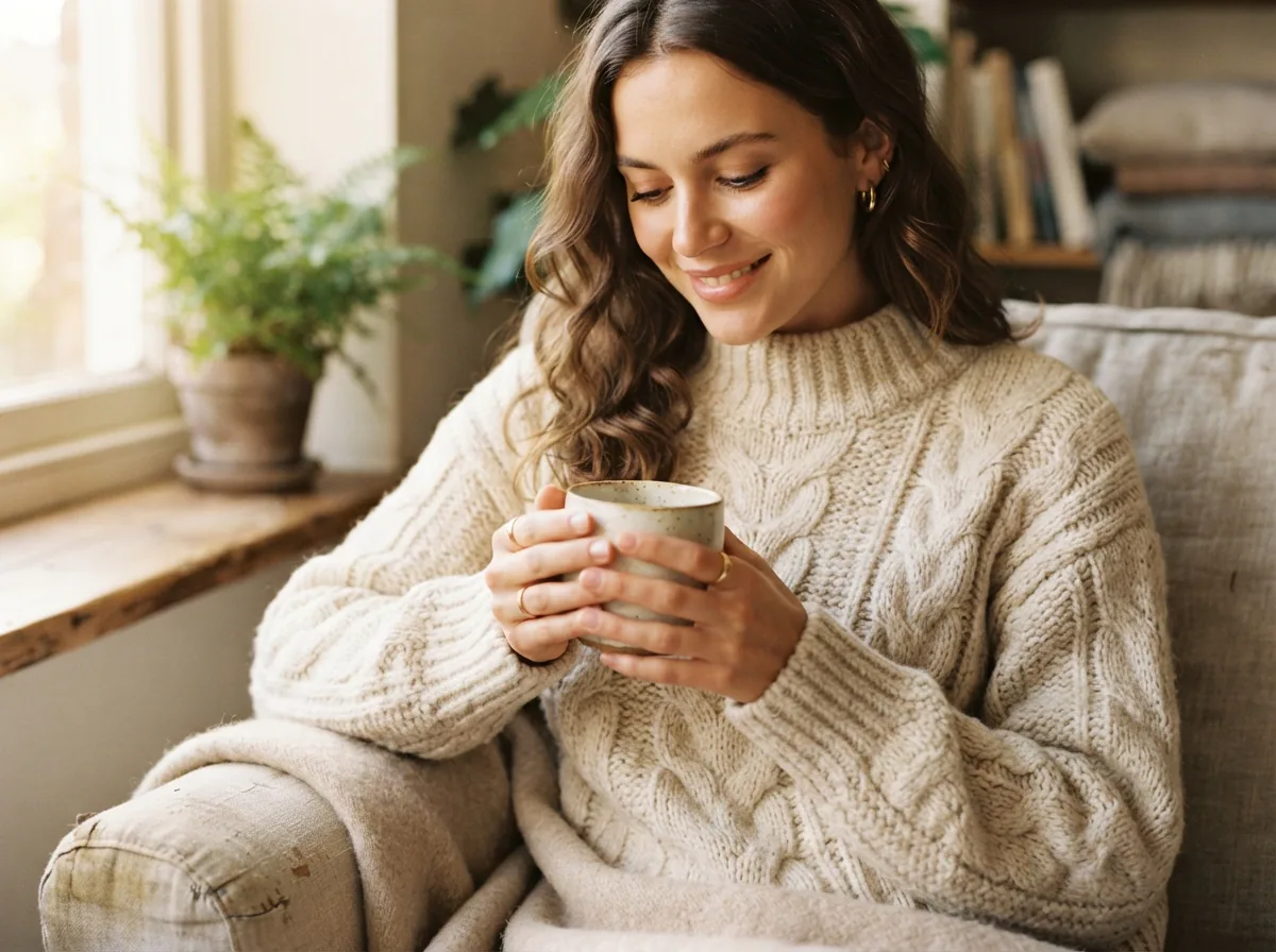 A person wearing the Elodie Knit Sweater, holding a warm mug, evoking a sense of cozy comfort.