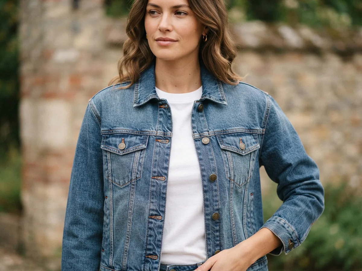 A close-up of the Elodie Denim Jacket worn over a simple top, highlighting its trendy fit and stitching details.