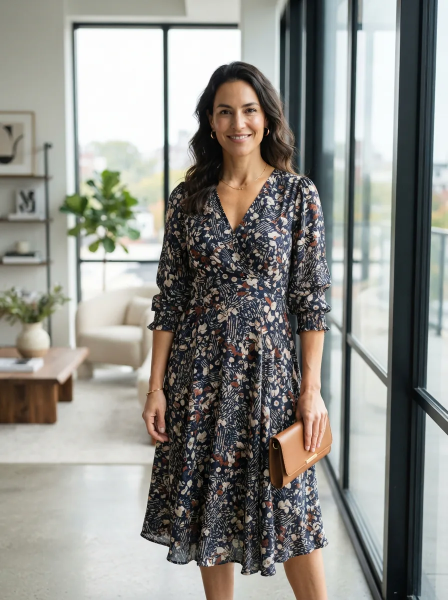 A confident woman wearing an elegant Elodie dress in a modern, sunlit setting