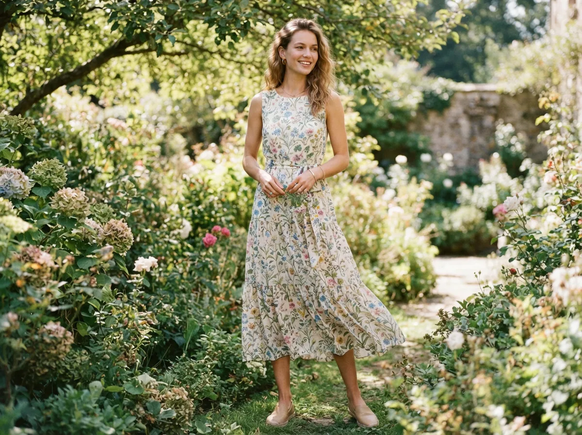 A woman wearing the Elodie Floral Dress, standing in a garden with soft, dappled sunlight filtering through leaves.